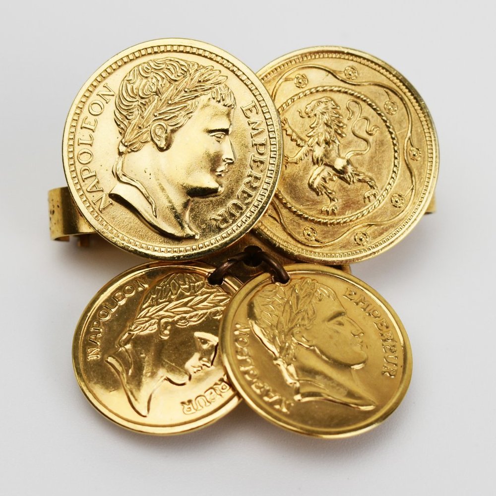 Gold coin scarf brooch pin, vintage quirky accent brooch for women